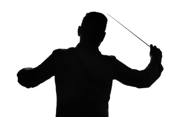 Silhouette of male orchestral conductor on white background - obrazy, fototapety, plakaty