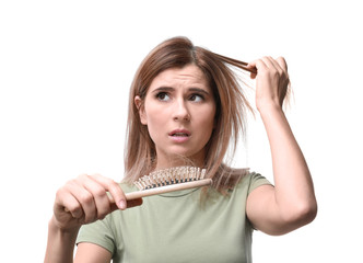 Woman with hair loss problem on white background