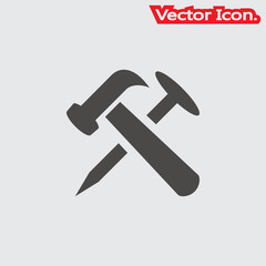 Hammer and nails icon isolated sign symbol and flat style for app, web and digital design. Vector illustration.
