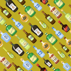 Alcohol seamless background with wine and cocktail bottles and glasses vector illustration. Beverage restaurant drink bar party menu texture graphic textile.