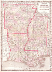 1861, Johnson Map of Mississippi, Louisiana and Arkansas