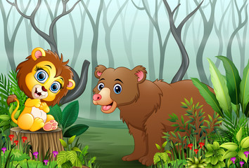 Cartoon wild animal in the forest with dry tree branches background