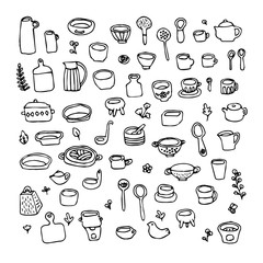 Doodle art design element, tool kitchen, pottery, ceramic, line art decoration, nature