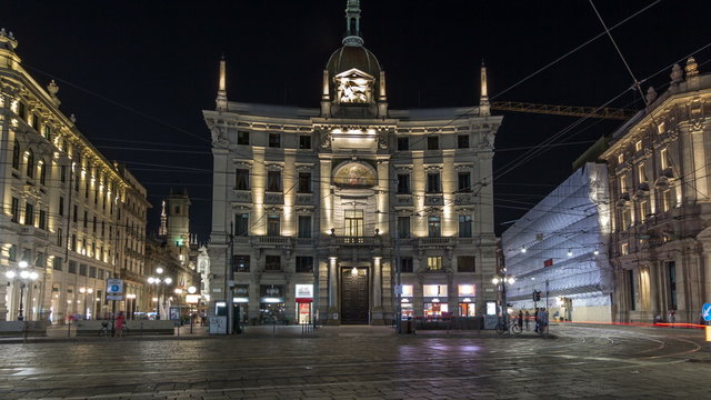 Piazza Cordusio is an important commercial square in the city night timelapse hyperlapse