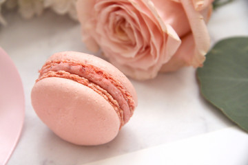 Composition for Valentine's day, macaroons, rose, eucalyptus, pink envelope