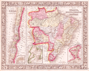 Fototapeta na wymiar Old Map of Brazil, Bolivia and Chili, Mitchell 1864