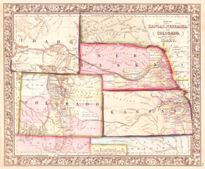 1864, Mitchell Map of Colorado, Kansas and Nebraska