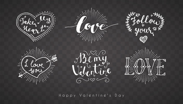 Letering romantic Valentine. Vector set holiday illustration on a transparent background. Happy Valentine's Day