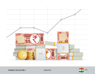 Growth graph with bundles of 20 Indian Rupee Banknotes and coins. Flat style vector illustration. Financial and economy concept.