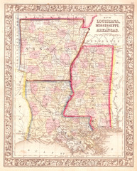 1864, Mitchell Map of Louisiana, Mississippi and Arkansas