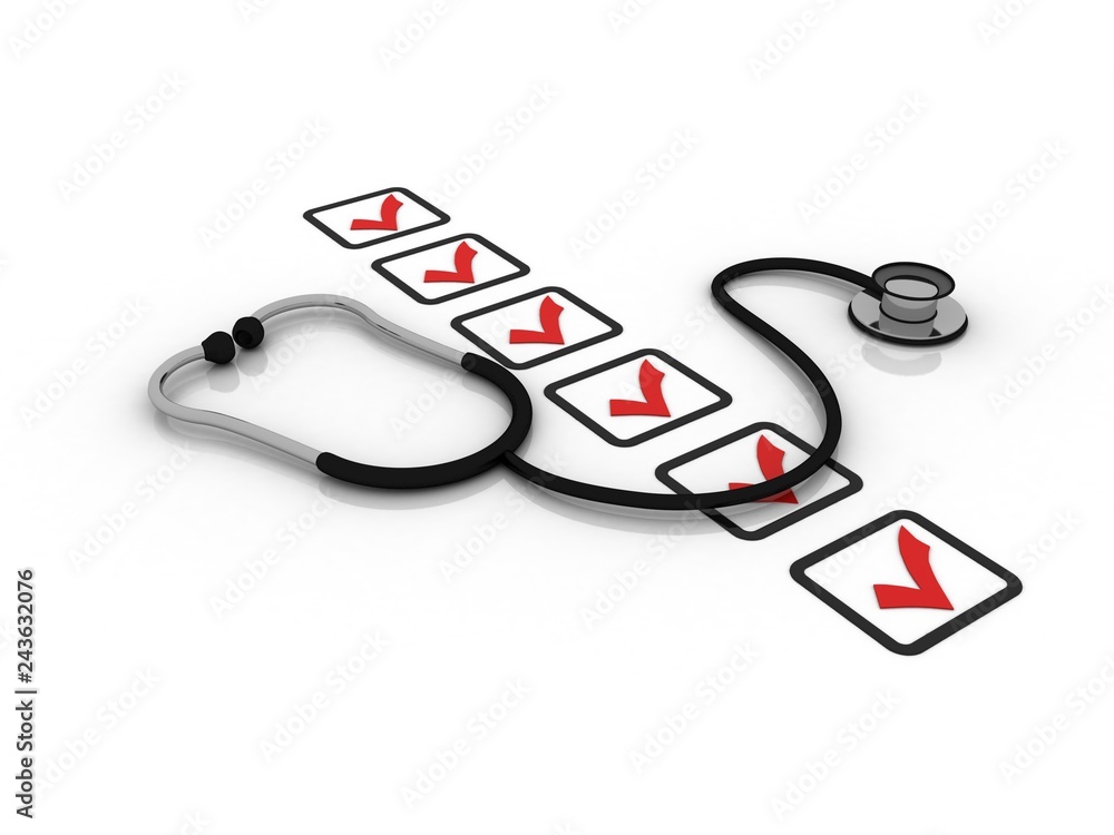 Poster 3d rendering stethoscope with check list