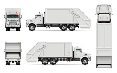 Garbage truck vector mockup for vehicle branding, advertising, corporate identity. Isolated template of realistic waste lorry on white background. All elements in the groups on separate layers
