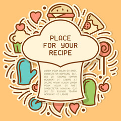 Fototapeta na wymiar Culinary recipe card cook cap form with meal elements and kitchenware. Doodle style vector illustration. Suitable for advertising,master class invitation or book design