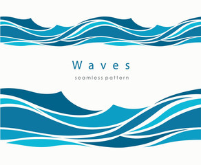 Marine seamless pattern with stylized waves on a light backgroun