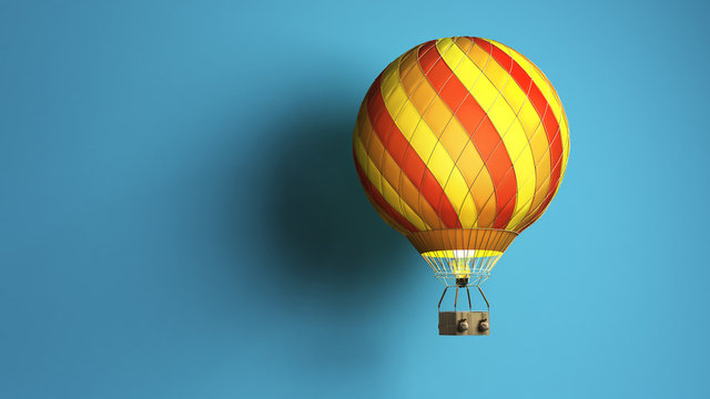 Hot Air color balloon cast shadow on wall 3d render on blue background