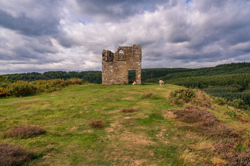 North York Moors landscape, looking at Skelton Tower, seen from the Levisham Moor, North Yorkshire,...