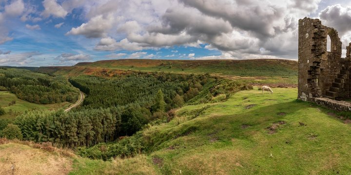 North York Moors landscape, looking over Newtondale with Skelton Tower on the right, seen from the Levisham Moor, North Yorkshire, England, UK