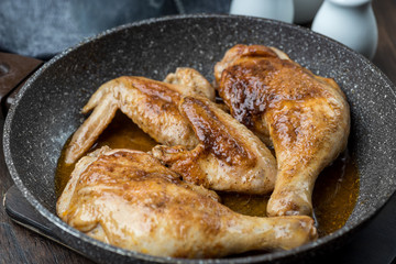 Grilled chicken legs with spices on wooden background