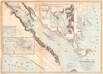 Fototapeta na wymiar Old Map of Frobisher Bay, Baffin Island, Canada, important Arctic Exploration Map, 1865, Hall 
