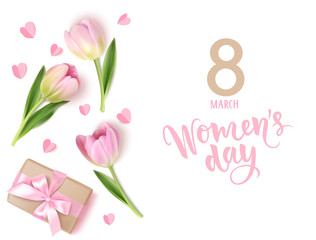 Happy Womens Day. 8 March design template. Calligraphic lettering text with decorative gift box and tulip flowers. Vector illustration