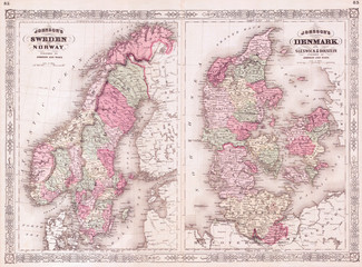 1865, Johnson Map of Sweden, Norway and Denmark
