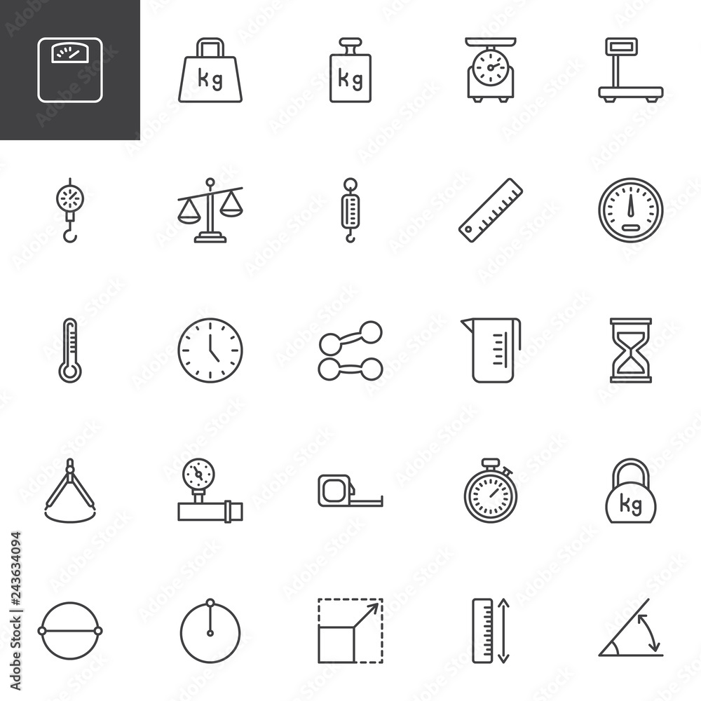 Poster scale and measurement line icons set. linear style symbols collection, outline signs pack. vector gr