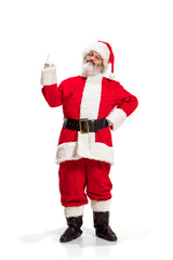 Hey, hello. Holly jolly x mas festive noel. Full length of funny happy santa in headwear, costume, black belt, white gloves, waves with arm palm standing at studio over white background