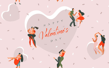 Hand drawn vector abstract cartoon modern graphic Happy Valentines day concept illustrations art seamless pattern with dancing couples people together isolated on pink pastel color background