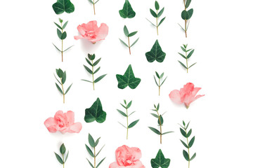Spring Pattern With Soft Pink Azalea Flowers And Green Ivy Leaves