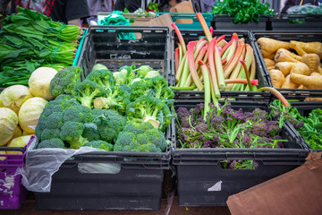 Fresh assorted vegetables on display at Broadway market in Hackney, East London