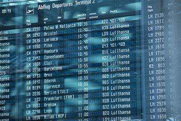 Flights information departures board in airport terminal.