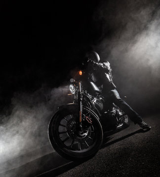 High power motorcycle at night.