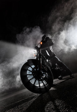 High power motorcycle at night.