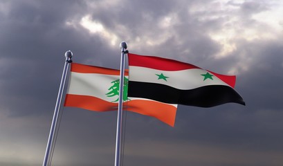 Syria and Lebanon, two flags waving against dark cloudy sky. 3d image