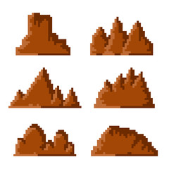 set of simple brown pixel mountains