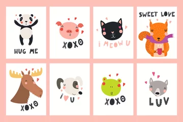 Keuken spatwand met foto Set of Valentines day cards with cute funny animals, hearts, text. Hand drawn vector illustration. Scandinavian style flat design. Concept for children print. © Maria Skrigan
