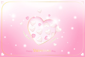 Valentine Day greeting card template. Celebration concept with Pink hearts and light effects on background with ribbons.