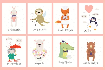 Photo sur Aluminium Illustration Jeu de cartes de Saint Valentin avec des animaux drôles mignons, des coeurs, du texte. Illustration vectorielle dessinés à la main. Design plat de style scandinave. Concept pour l& 39 impression des enfants.