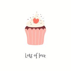 Hand drawn Valentines day card with cute cupcake, heart, text Lots of love. Isolated objects on white background. Vector illustration. Scandinavian style flat design. Concept for kids print.