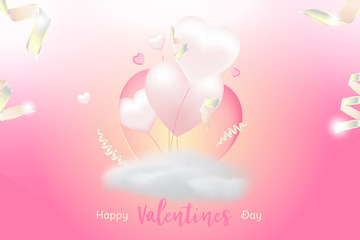 Valentine Day greeting card template. Celebration concept with Pink hearts and light effects on background with ribbons and clouds.