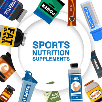 Sports nutrition supplement poster. Fitness. Protein shakers energy drinks. Vector illustration healthy food for bodybuilding power background. Athletic powder organic muscle nutritional meal.