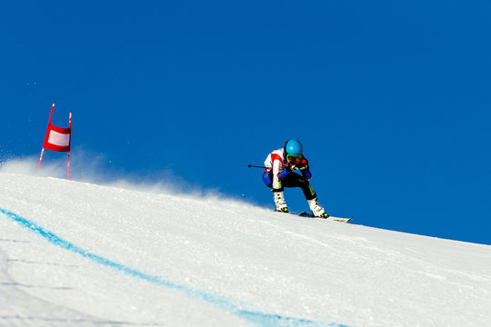 Man Racer In Downhill Skiing Competition Alpine Skiing