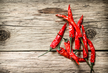 Hot chili peppers on wooden background.