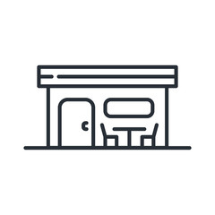 Cafe Restaurant Diner Street Building with Chairs and Table. Vector Flat Line Stroke Icon.