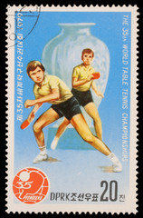 Stamp printed by North Korea shows ping-pong players. World table tenis championship in Pyongyang, circa 1979