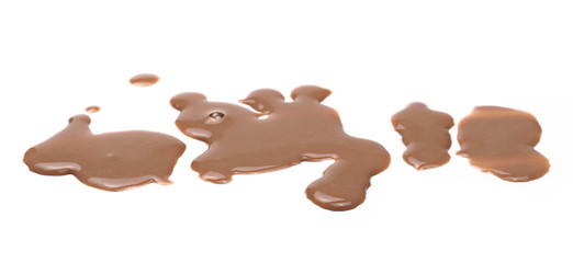 Spilled chocolate milk puddle isolated on white background