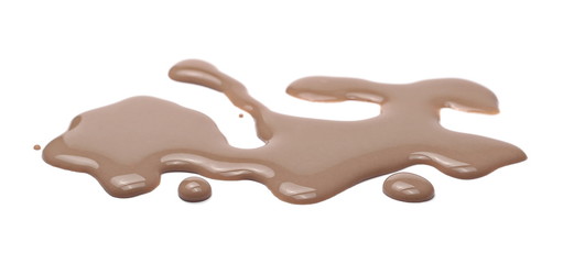 Spilled chocolate milk puddle isolated on white background