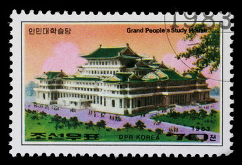 Stamp printed in Korea shows Grand Peoples Study House in Pyongyang, circa 1983