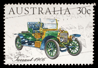 Fototapeta na wymiar Stamp printed in Australia shows the Tarrant Car (1906), Australian-made vintage cars series, circa 1984