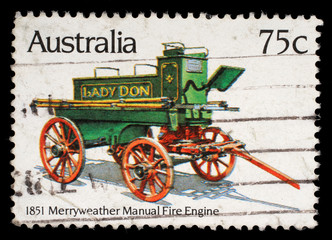 Stamp printed in Australia shows the Merryweather Manual Engine (1851), Historic Fire Engines...
